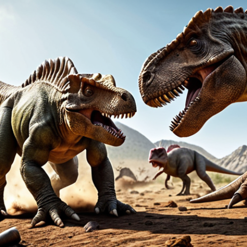 Tyrannosaurus Rex and Triceratops locked in a fierce battle for leadership, showcasing their contrasting strengths and weaknesses, set in a prehistoric landscape with advanced technology scattered around.