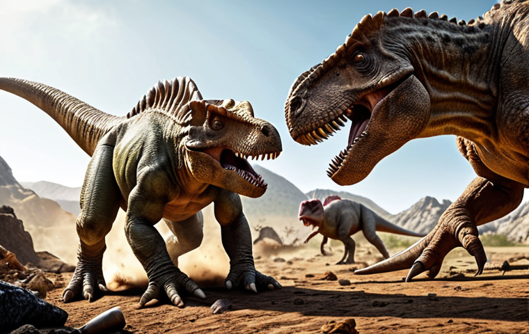 Tyrannosaurus Rex and Triceratops locked in a fierce battle for leadership, showcasing their contrasting strengths and weaknesses, set in a prehistoric landscape with advanced technology scattered around.