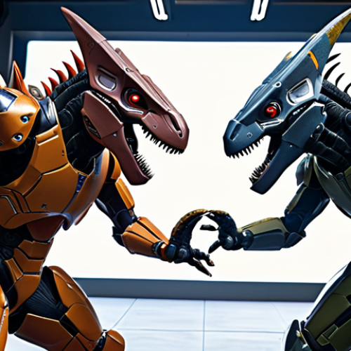 **Prompt:** Dynamic scene of evolved Dino Mecard characters in advanced mecha suits engaged in battle. Energy shields visible. VR/AR elements in the background.