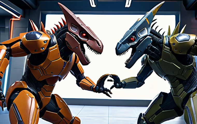 **Prompt:** Dynamic scene of evolved Dino Mecard characters in advanced mecha suits engaged in battle. Energy shields visible. VR/AR elements in the background.