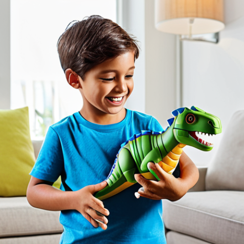 A young child, fully clothed in comfortable, modest play attire, excitedly holding a futuristic transforming dinosaur toy mid-transformation, in a bright, modern living room with natural light. The child's expression conveys wonder and engagement, emphasizing the seamless transition between digital imagination and physical play. The toy showcases its unique mechanical transformation. This is a safe for work, appropriate content, fully clothed, family-friendly image with perfect anatomy, correct proportions, natural pose, well-formed hands, proper finger count, natural body proportions, professional photography, high quality, detailed, realistic.