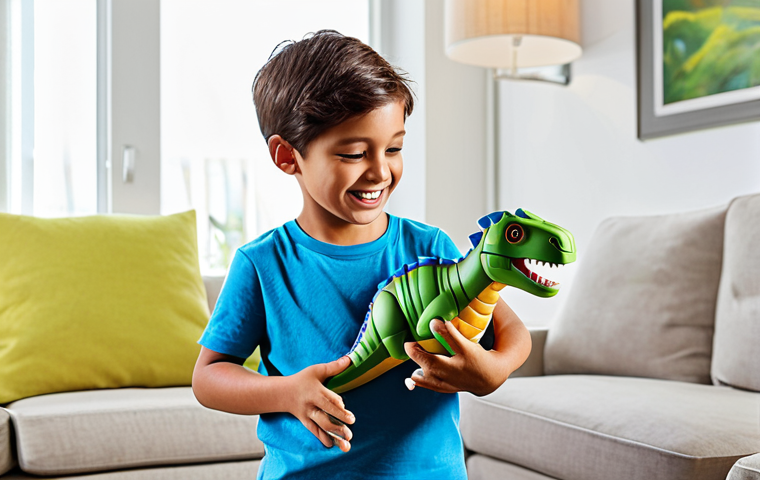 A young child, fully clothed in comfortable, modest play attire, excitedly holding a futuristic transforming dinosaur toy mid-transformation, in a bright, modern living room with natural light. The child's expression conveys wonder and engagement, emphasizing the seamless transition between digital imagination and physical play. The toy showcases its unique mechanical transformation. This is a safe for work, appropriate content, fully clothed, family-friendly image with perfect anatomy, correct proportions, natural pose, well-formed hands, proper finger count, natural body proportions, professional photography, high quality, detailed, realistic.