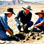 **

A group of young paleontologists, fully clothed in field attire and sun hats, are carefully excavating dinosaur bones at a dig site in the Gobi Desert. The scene should be bathed in warm sunlight, with clear blue skies overhead. Ensure perfect anatomy, correct proportions, and natural poses. The image should evoke a sense of discovery and scientific exploration. Safe for work, appropriate content, professional, family-friendly. Include well-formed hands and proper finger count.

**