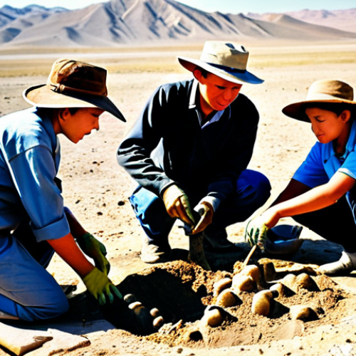 **

A group of young paleontologists, fully clothed in field attire and sun hats, are carefully excavating dinosaur bones at a dig site in the Gobi Desert. The scene should be bathed in warm sunlight, with clear blue skies overhead. Ensure perfect anatomy, correct proportions, and natural poses. The image should evoke a sense of discovery and scientific exploration. Safe for work, appropriate content, professional, family-friendly. Include well-formed hands and proper finger count.

**