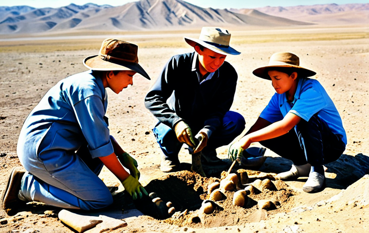 **

A group of young paleontologists, fully clothed in field attire and sun hats, are carefully excavating dinosaur bones at a dig site in the Gobi Desert. The scene should be bathed in warm sunlight, with clear blue skies overhead. Ensure perfect anatomy, correct proportions, and natural poses. The image should evoke a sense of discovery and scientific exploration. Safe for work, appropriate content, professional, family-friendly. Include well-formed hands and proper finger count.

**