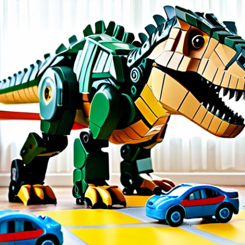 **

A child (8-10 years old) playing with a Dinomechard Tyrannosaurus Rex transformer toy in a brightly lit children's playroom. The room is filled with other toys like building blocks and toy cars. The child is wearing a casual, fully clothed outfit. The Dinomechard toy is partially transformed, showing both dinosaur and robot elements. Safe for work, appropriate content, fully clothed, family-friendly. Perfect anatomy, correct proportions, natural pose, well-formed hands, proper finger count, natural body proportions, high quality rendering.

**