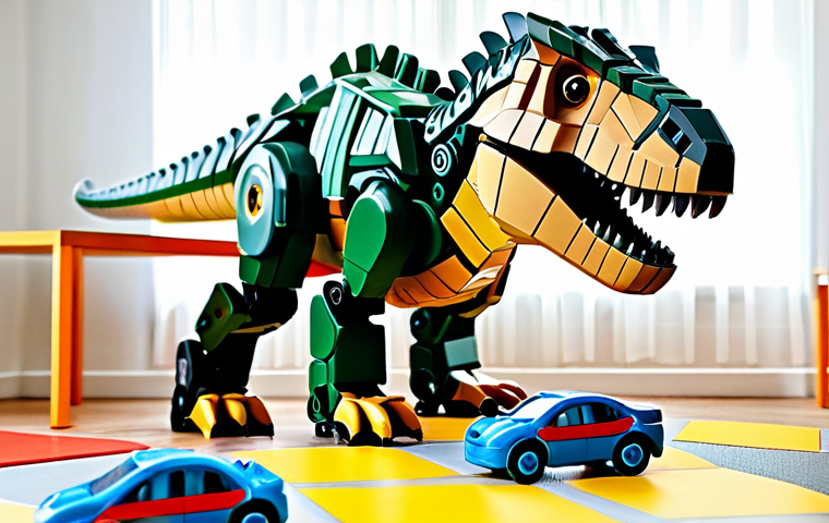 **

A child (8-10 years old) playing with a Dinomechard Tyrannosaurus Rex transformer toy in a brightly lit children's playroom. The room is filled with other toys like building blocks and toy cars. The child is wearing a casual, fully clothed outfit. The Dinomechard toy is partially transformed, showing both dinosaur and robot elements. Safe for work, appropriate content, fully clothed, family-friendly. Perfect anatomy, correct proportions, natural pose, well-formed hands, proper finger count, natural body proportions, high quality rendering.

**