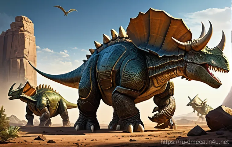 공룡메카드 공룡 합체 시너지 - Image Prompt 1: "Steel Defense Formation"**