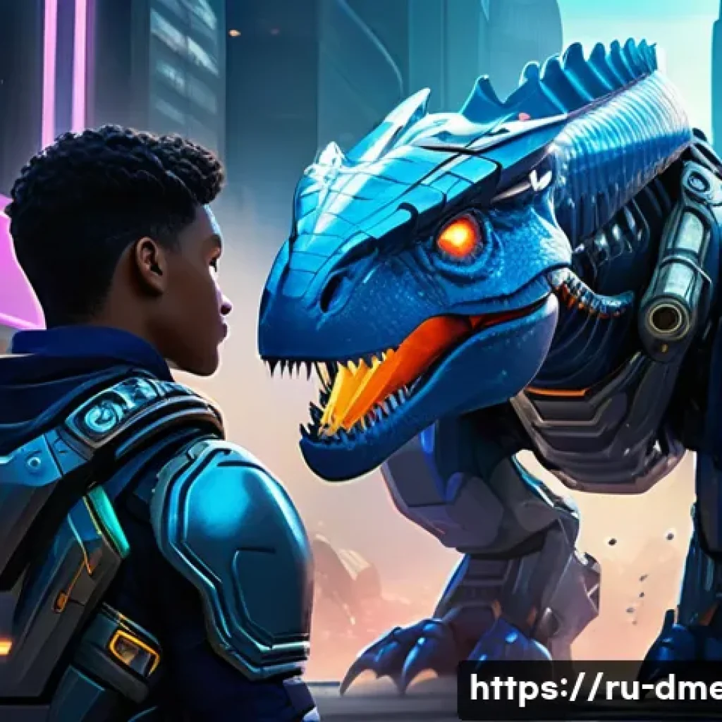 공룡메카드 등장인물의 성장 스토리 - A dynamic scene featuring a young, determined hero clad in futuristic armor and protective gear, sta...