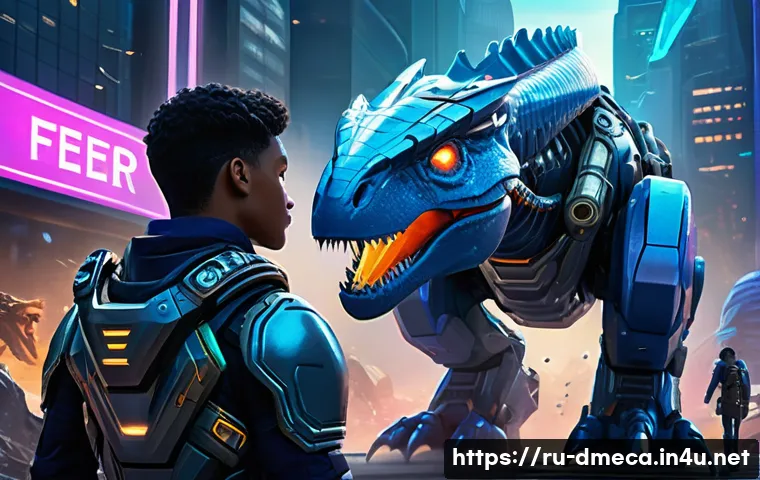 공룡메카드 등장인물의 성장 스토리 - A dynamic scene featuring a young, determined hero clad in futuristic armor and protective gear, sta...