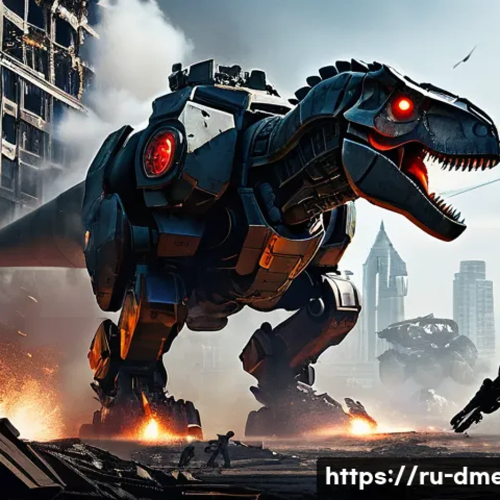 공룡메카드 주요 악당과 스토리 - A dramatic scene featuring Viktor Crane, the main villain, commanding his massive Tyrannosaurus Mech...