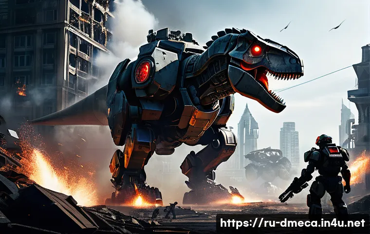 공룡메카드 주요 악당과 스토리 - A dramatic scene featuring Viktor Crane, the main villain, commanding his massive Tyrannosaurus Mech...