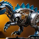 Home 22 공룡메카드 제작 과정 다큐멘터리 - A highly detailed mechanical dinosaur toy made from ABS plastic and metal, showcasing realistic text...