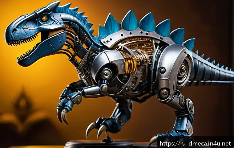 공룡메카드 제작 과정 다큐멘터리 - A highly detailed mechanical dinosaur toy made from ABS plastic and metal, showcasing realistic text...