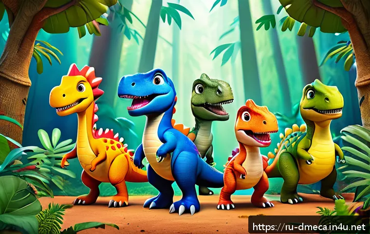 공룡메카드 캐릭터의 인기 이유 - A vibrant scene featuring diverse Dinosaur Mecard characters with unique personalities and colorful ...