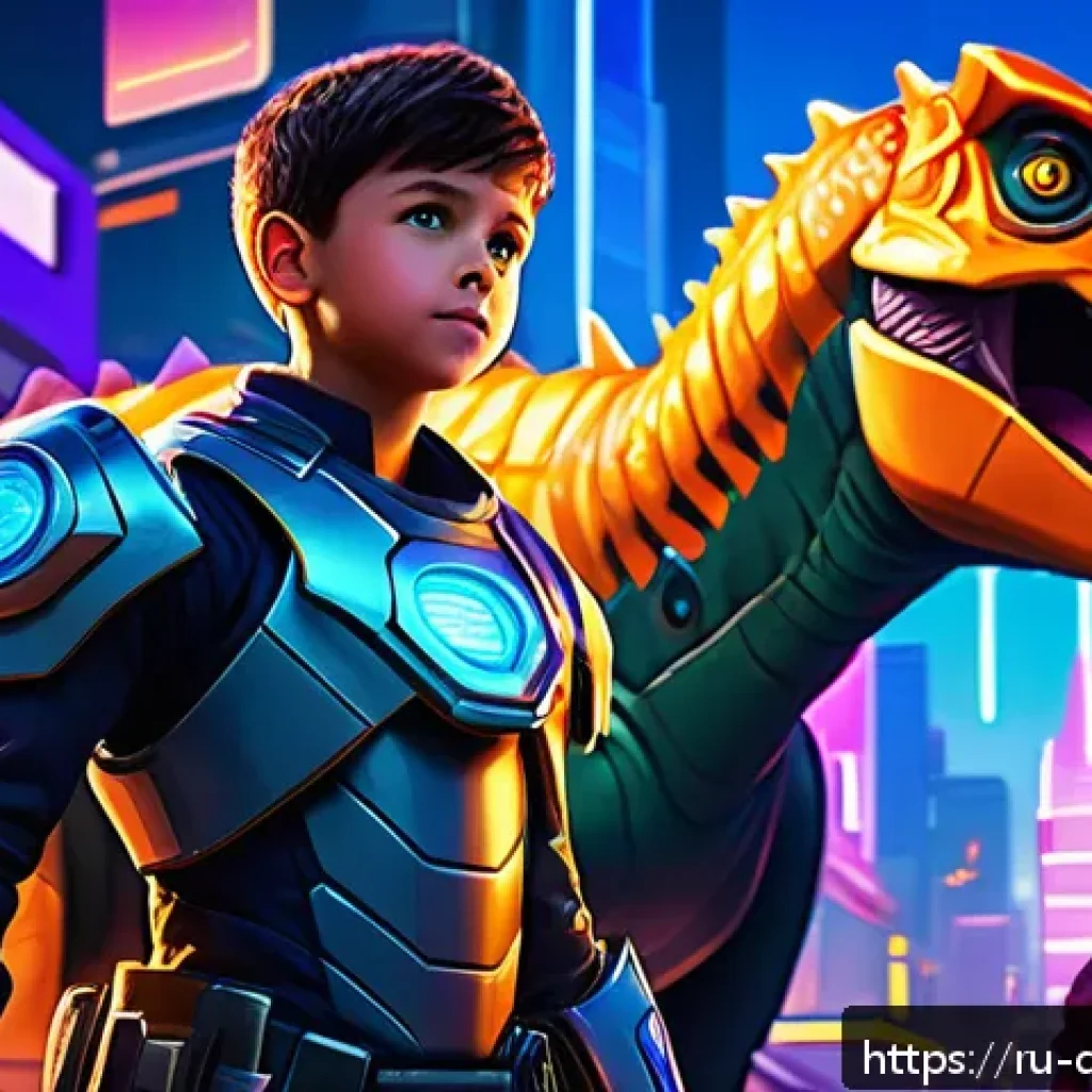 공룡메카드 애니메이션 OST 정보 - A dynamic scene from an animated series featuring a heroic young boy wearing futuristic armor and vi...