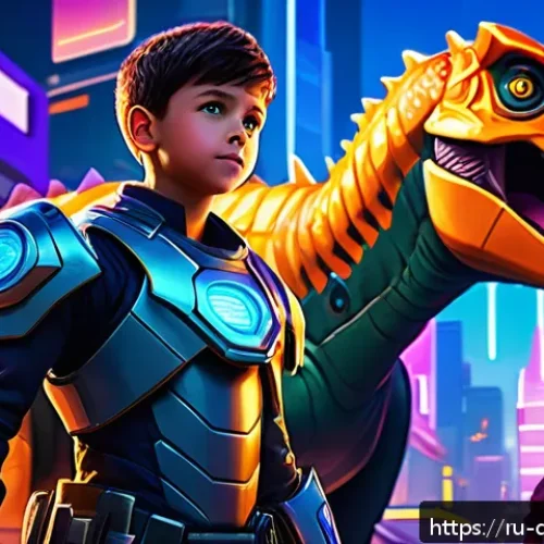 Home 32 공룡메카드 애니메이션 OST 정보 - A dynamic scene from an animated series featuring a heroic young boy wearing futuristic armor and vi...