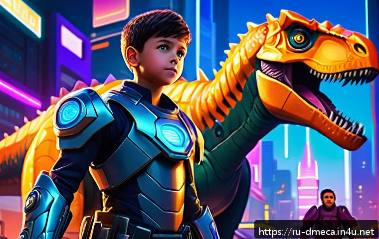 공룡메카드 애니메이션 OST 정보 - A dynamic scene from an animated series featuring a heroic young boy wearing futuristic armor and vi...