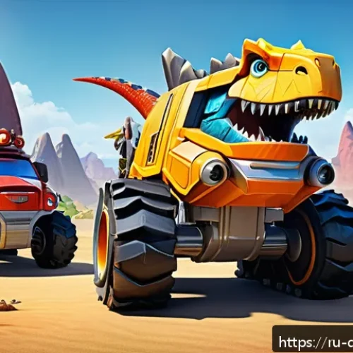Home 31 공룡메카드 시즌별 오프닝 차트 - A detailed scene featuring a group of Dinotrux characters evolving through seasons: show a mix of di...