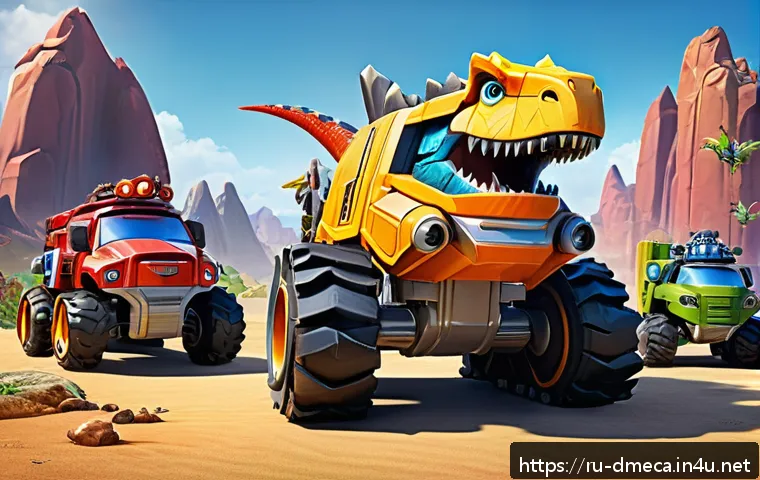 공룡메카드 시즌별 오프닝 차트 - A detailed scene featuring a group of Dinotrux characters evolving through seasons: show a mix of di...