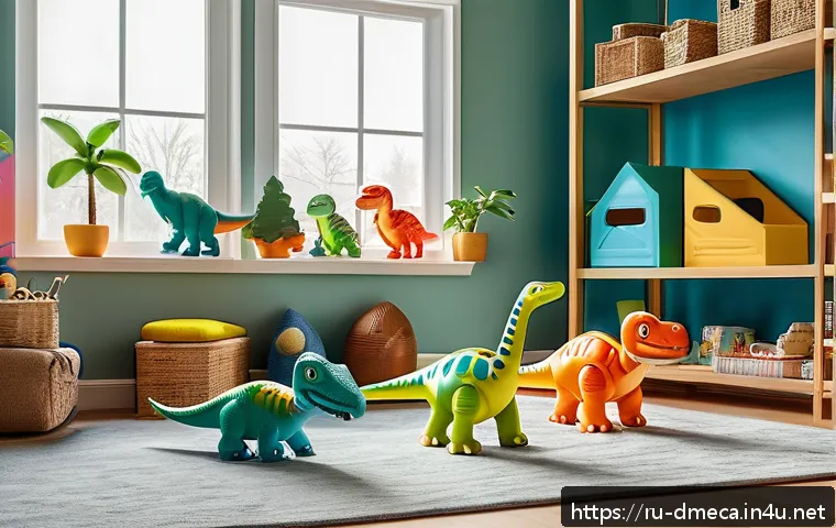 공룡메카드 완구 시장의 점유율 - A vibrant and detailed scene of a child’s playroom in a modern Russian home, filled with colorful Di...