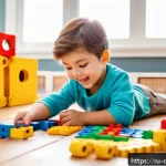 Home 23 공룡메카드와 연계된 교육 프로그램 - A cheerful young child wearing a colorful diaper, sitting at a wooden table and building a detailed ...