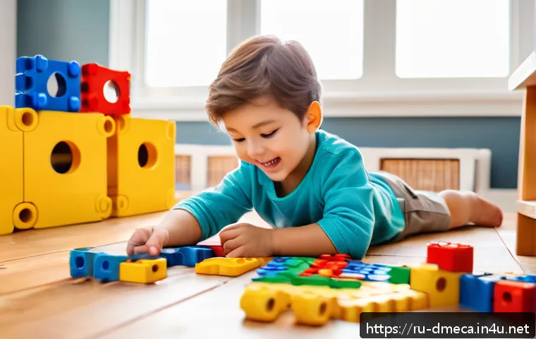 공룡메카드와 연계된 교육 프로그램 - A cheerful young child wearing a colorful diaper, sitting at a wooden table and building a detailed ...