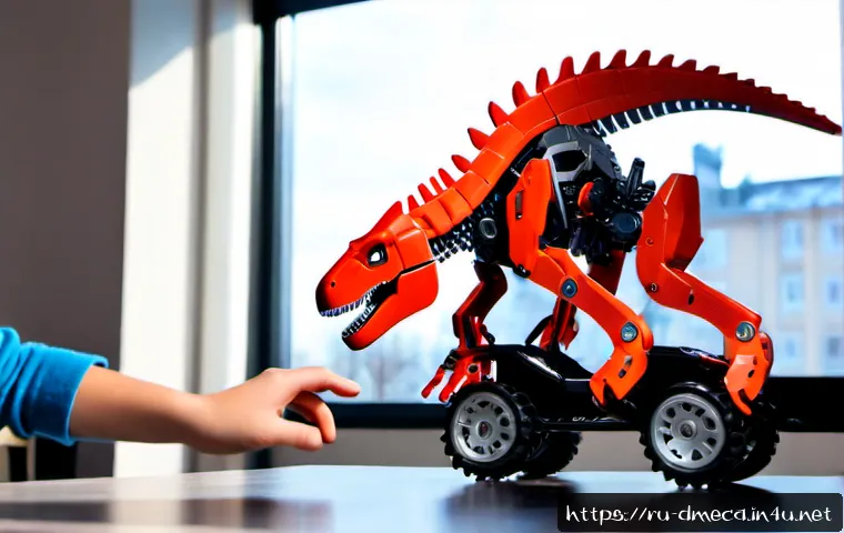 공룡메카드 공룡별 변신 기술 - Photorealistic tabletop scene of a detailed red mechanical tyrannosaurus toy transforming into a sle...