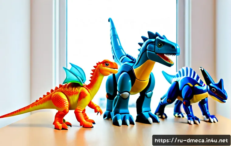 Home 17 공룡메카드 각 캐릭터의 기술 스펙 - Photorealistic tabletop comparison of four colorful transforming robotic dinosaur toys arranged in a...